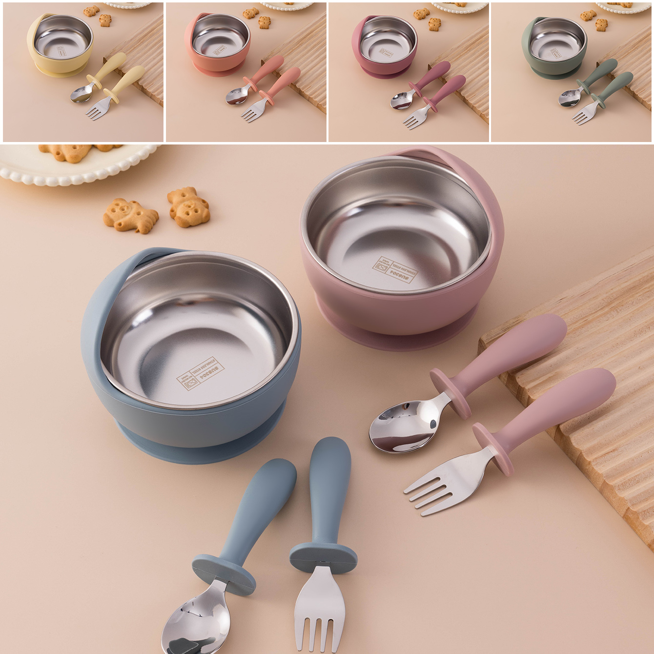 Baby Food Utensil - Color Kids 3PCS Stainless Steel Silicone